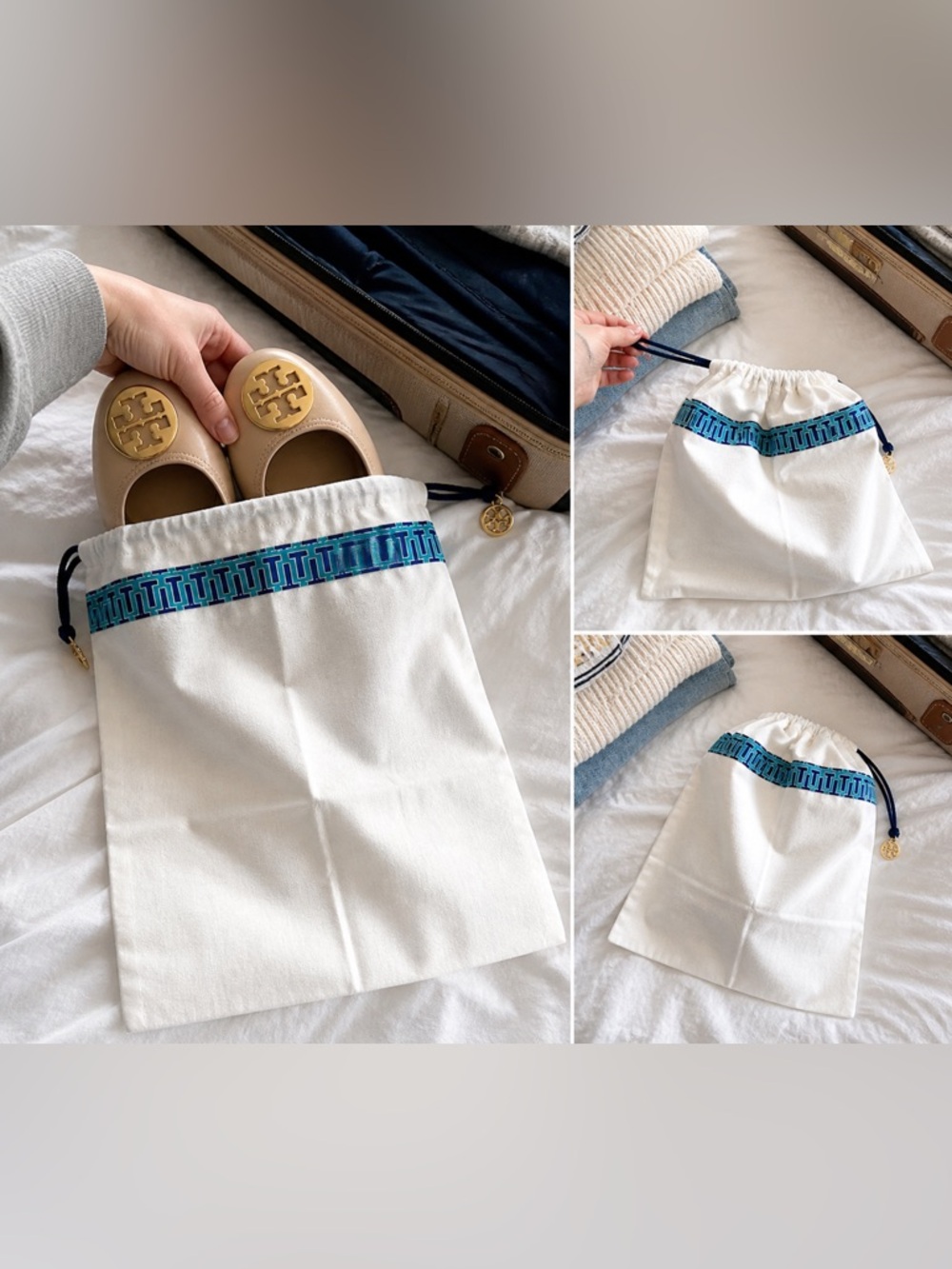 Tory Burch 12"x15" Drawstring DUST BAG for Shoes/Handbags Gold Logo Charm